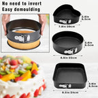 Springform Cake Pan Set of 3 (7, 8, 9 Inch) Heart Round Square Baking Pans Nonstick Cheesecake Pans with Removable Bottom Stainless Steel Bakeware for Cake, Mousse