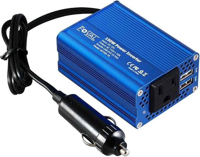 FOVAL 150W Car Power Inverter 12V DC to 110V AC Converter Vehicle Adapter Plug Outlet with 3.1A Dual USB Car Charger for Laptop Computer (Classic Blue)