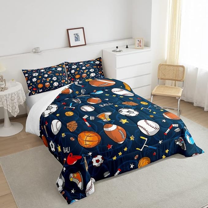 Feelyou Sports Theme Comforter Set 3D Blue Ball Bedding Set Baseball Football Basketball Comforter for Children Kids Boys Girls Microfiber Competitive Games Duvet Set Room Decor Quilt Set Twin Size