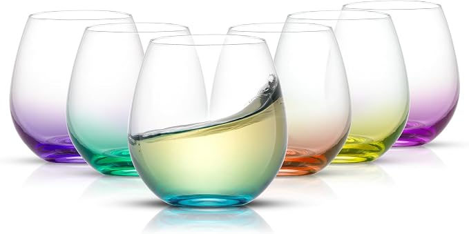 JoyJolt Hue Stemless Wine Glass Set, Large 15 oz Stemless Wine Glasses Set of 6 for White Red or Water, Short Glass Tumblers, No Stem Margarita Glasses, Colored Tumbler