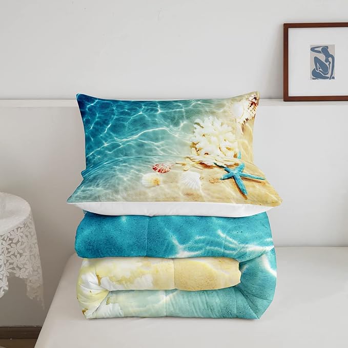 Ocean Comforter Set King Beach Bedding Coastal Nature Theme Pattern Teal Duvet Set Boys Girls Hawaiian Quilt Sets Sea Wave Animals Starfish Reversible Comforter Set 2 Pillowcases, Blue Room Decor