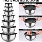 Leidawn Mixing Bowls with Lids set - 25 PCS Stainless Steel Nesting Black Mixing Bowls Set for Baking, Mixing, Serving & Prepping, Size 5, 3.7, 2.8, 2.3, 1.7, 1.1, 0.7QT, 11 Cooking