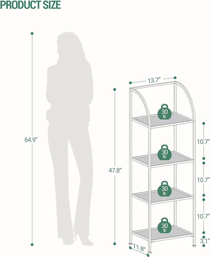 Bookcase Bookshelf, Tempered Glass Arched Bookshelf for More Storage, Slim Shelving Unit for Bedroom, Bathroom, Home Office, Steel Frame, 4 Tier Gold BC20499G
