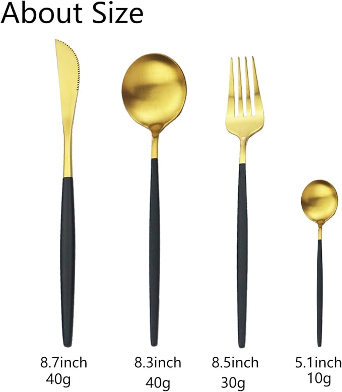 JASHII Silverware Set, 24-Piece Stainless Steel Flatware Set,Kitchen Utensil Set Service for 6,Tableware Cutlery Set for Home, Dishwasher Safe (Matte Black handle gold)