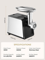 FOHERE Electric Meat Grinder for Home Use 3200W Max Heavy duty | meat mincer with 2 blades, 3 grinding plates, 3 sausage stuffer tubes and Kubbe kit