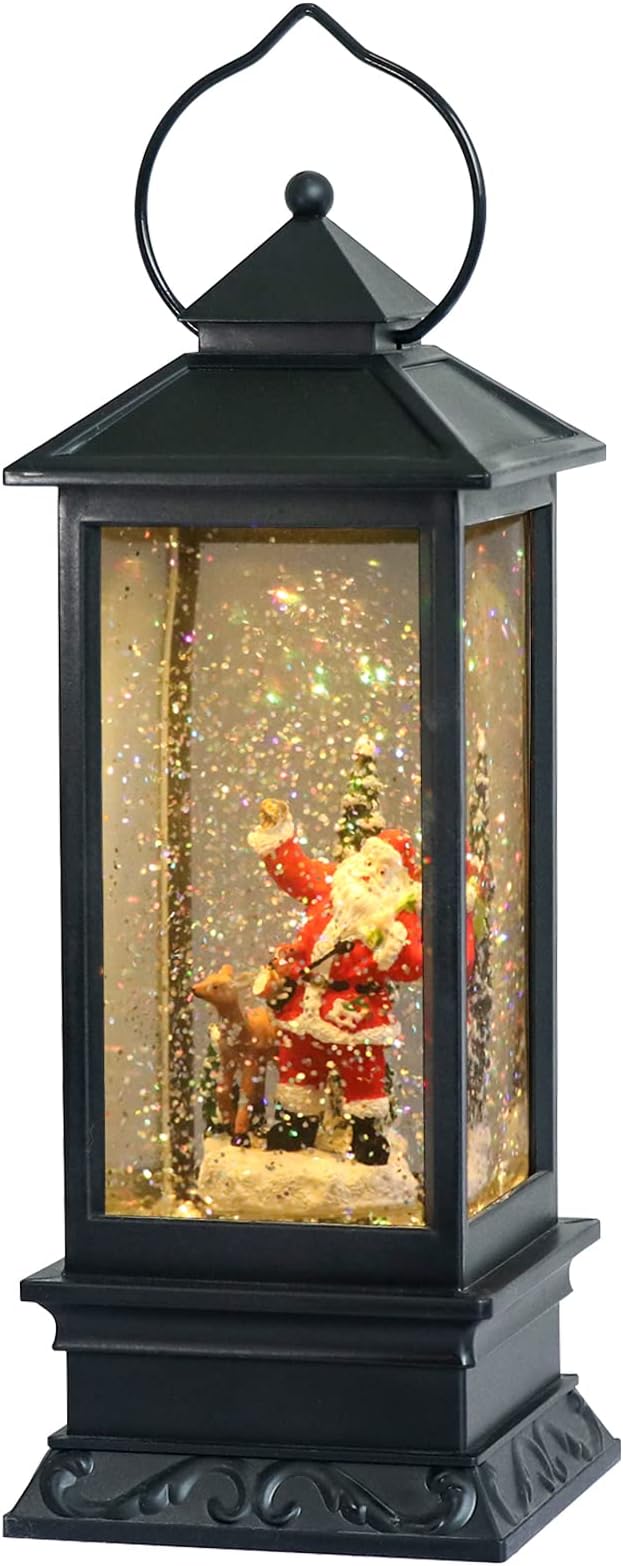 Eldnacele Christmas Snow Globe Lantern with Music, Battery Operated Lighted Swirling Glitter Water Lantern with Timer for Christmas Home Decoration, Santa
