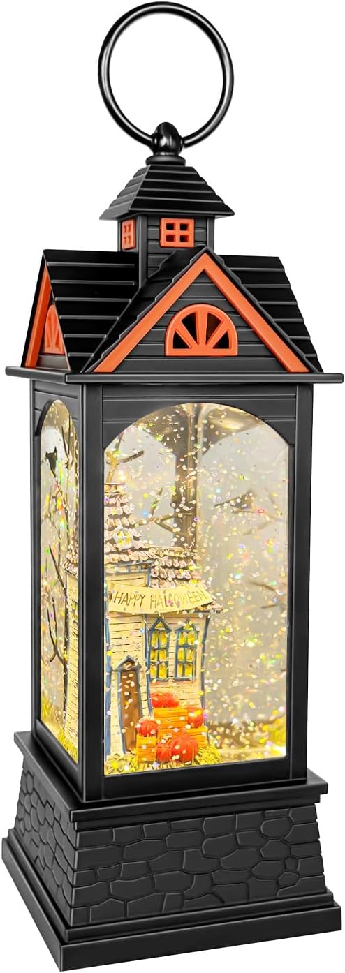 Halloween Snow Globe Lantern, Spooky Ghost Halloween Decor, Plug-in & Battery Operated Snow Globes for Halloween Decorations Indoor