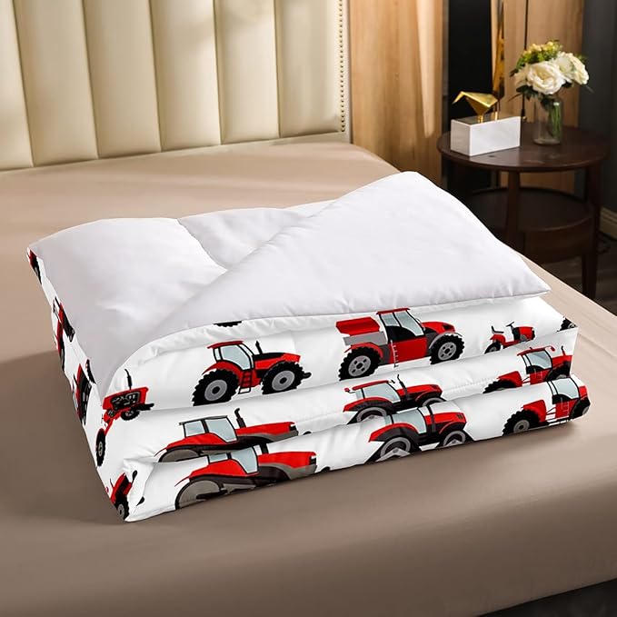 Erosebridal Red Tractor Comforter Set Queen Size Heavy Equipment Truck Down Comforter Kids Boys Girls Teens Harvester Tractor Bedding Set Construction Excavator Farm Equipment Quilt Set
