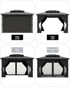 GAOMON Hardtop Gazebo 10'x14' for All Weather, with Double Metal Roof, Aluminum Alloy Frame, Net, and Curtain, Permanent Building of Backyard Luxury for Patio, Deck, Backyard, Lawn, and Garden, Gray