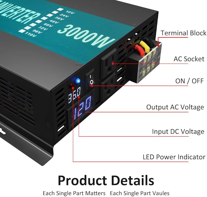 WZRELB 3000W 36V 120V Pure Sine Wave Power Inverter Remote Control with 2 AC Outlets,Car Inverter, 3000W 36V Remote (RBPRC-300036)