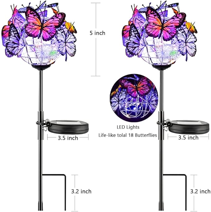 Outdoor Solar Lights 2 Pack, Solar Garden Lights with 18 Butterflies Decoration Outdoor Lamps, Waterproof Butterfly Flower Lights for Patio Yard Lawn Garden Decor, Gifts for Mom Women