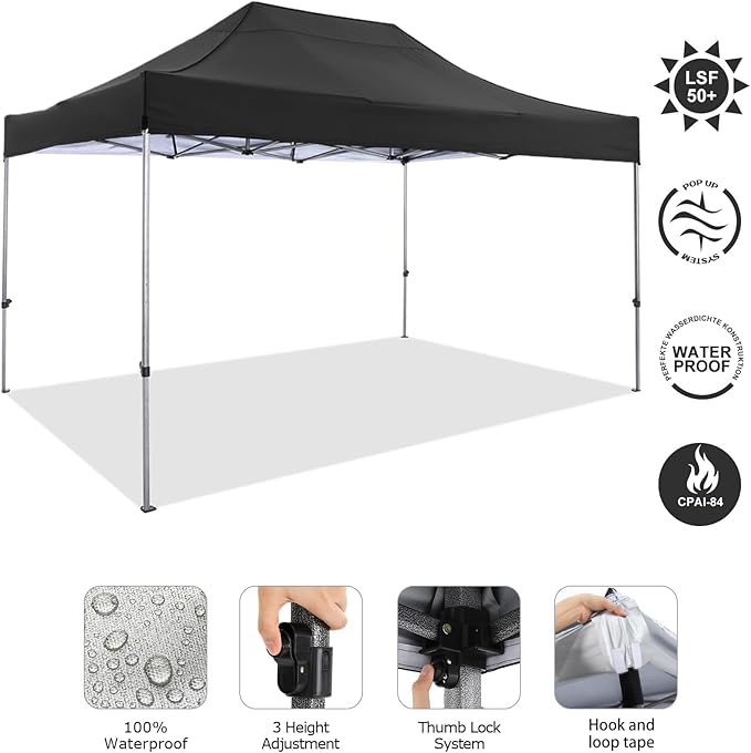 COBIZI 10x15 Pop Up Canopy Without Sidewall,Heavy Duty Canopy UPF 50+ All Season Wind Waterproof Commercial Outdoor Wedding Party Tents for Parties Gazebo with Carry Bag(10 x 15 ft Black)