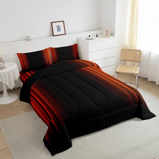 Geometric Abstract Ombre Comforter Set Kids Teens Orange Red and Black Striped Bedding Bed Set Decor Modern Fashion Comforter Inner Fill Bedroom Collection 3Pcs Queen Size