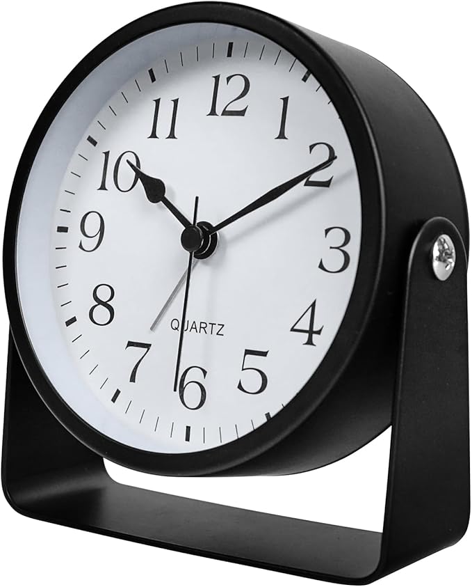 Small Desk Analog Alarm Clock Battery Powered Mini Metal Nightstand Shelf Clock with Light Side Table Decor Mid Century Cute Alarm Clock for Heavy Sleepers Bedrooms Desktop Living Room Bathroom