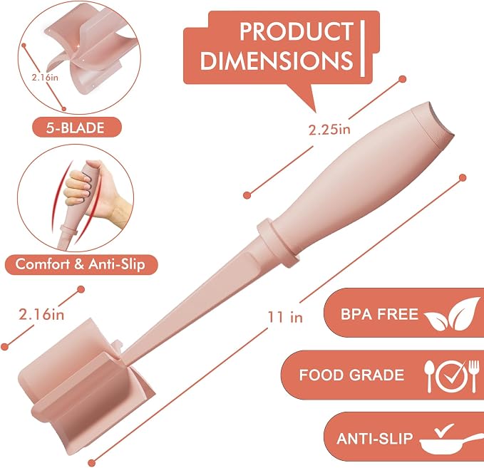 Upgrade Meat Chopper Hamburger Masher Ground Beef Smasher Utensil Mix Tool | Premium Heat Resistant Meat Masher, Nylon Potato Mashers Beef Smasher, Dishwasher Safe Non Stick Mix & Chop Tool Gift-Pink