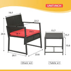 FDW Patio Furniture Sets 3 Piece Outdoor Bistro Set Wicker Patio Chairs Rattan Outdoor Furniture for Backyard Porch Poolside Lawn,Red Cushion