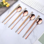 Buyer Star 4 Set Rose Gold Square Chopsticks and Spoons Set Metal Stainless Steel Spoons Chopsticks Set