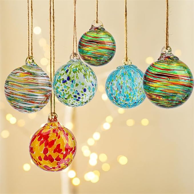 6 Pcs Blown Glass Ornaments Balls, 2.3inch Hand Blown Glass Christmas Ornaments for Tree, Hanging Gazing Ball Friendship Ball Witch Balls for Window Garden Home Decor for Women