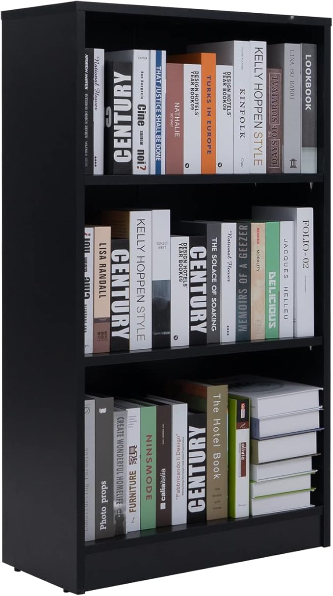 Sunon 3 Shelf Wood Bookcase Freestanding Display Shelf Adjustable Layers Bookshelf for Home Office Library Small Narrow Space (Black, 3-Layers)