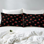 Erosebridal Red Cherry Bedding Set for Kids, Fruit Kawaii Comforter Set King, Cute Cherry Cartoon Quilted Duvet for Boys Girls Women Bedroom Decor, Reversible Luxury Cherry Quilted Comforter, Black