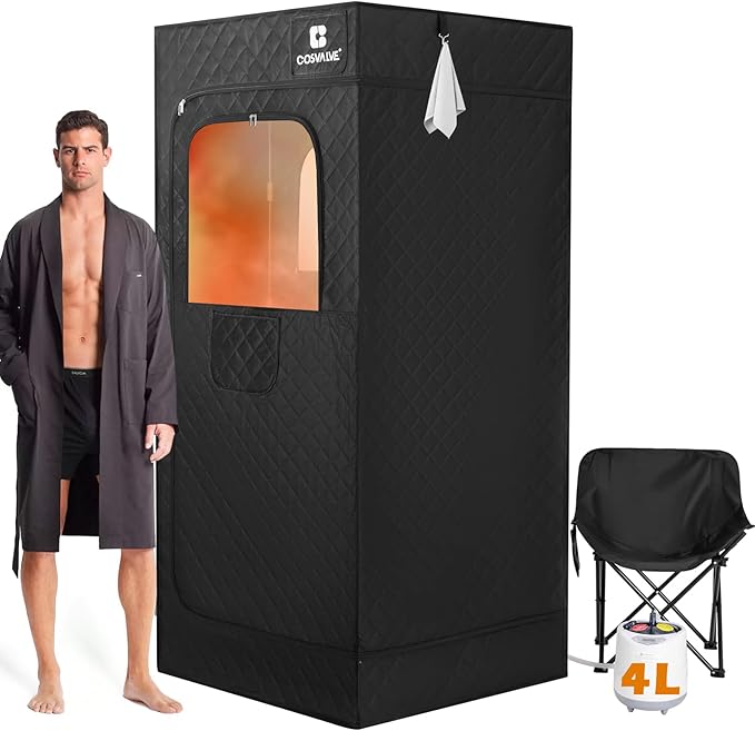 COSVALVE Portable Steam Sauna Box with Red Light for Home with 1600W 4L Steamer, Comfort Folding Chair, Indoor at Home Sauna Tent, Personal Steam Room for Relaxation, 2.9' x 2.9' x 5.9', Black