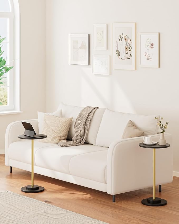 Masupu Drink Table, Round Side Table for Small Spaces, Pedestal Side Table, Small End Table with Metal Base, for Living Room, Bedroom, Bathroom, Black Gold