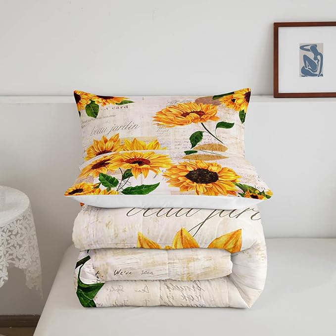 Vintage Sunflowers Comforter Full Size Yellow Floral Bedding Sets Girls Child Youth Tropical Sunflower Print Down Comforter Old Fashioned Quilt Flower Blossoms Bedding Comforter Set Nature Theme