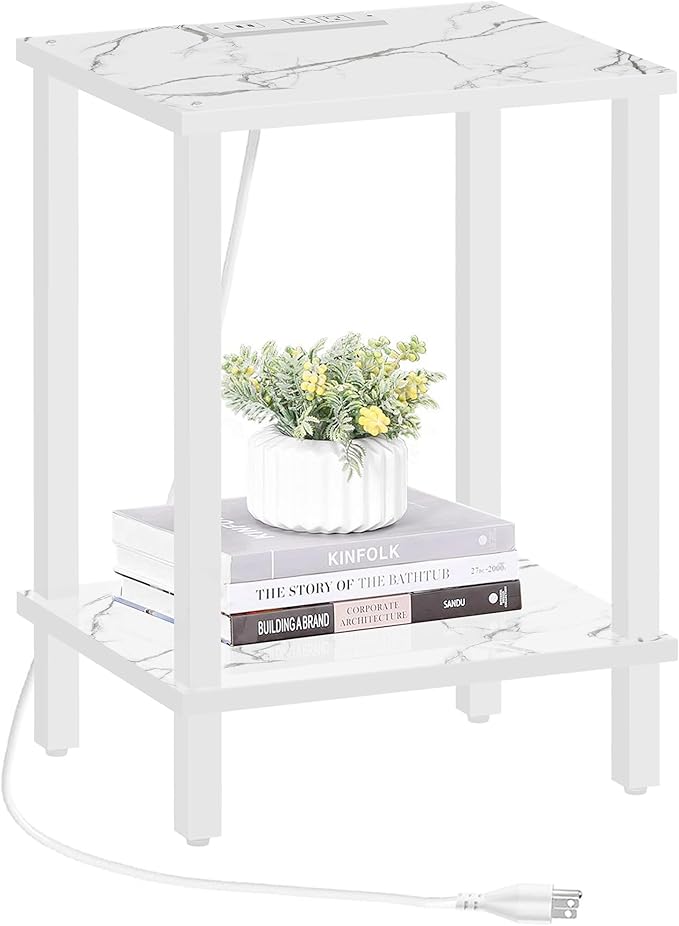 TUTOTAK End Table with Charging Station, Small Side Table with Outlets, Nightstand Bedside Table, 2-Tier Storage Shelf for Small Space, Living Room, Bedroom, Marble White TB01BMW040