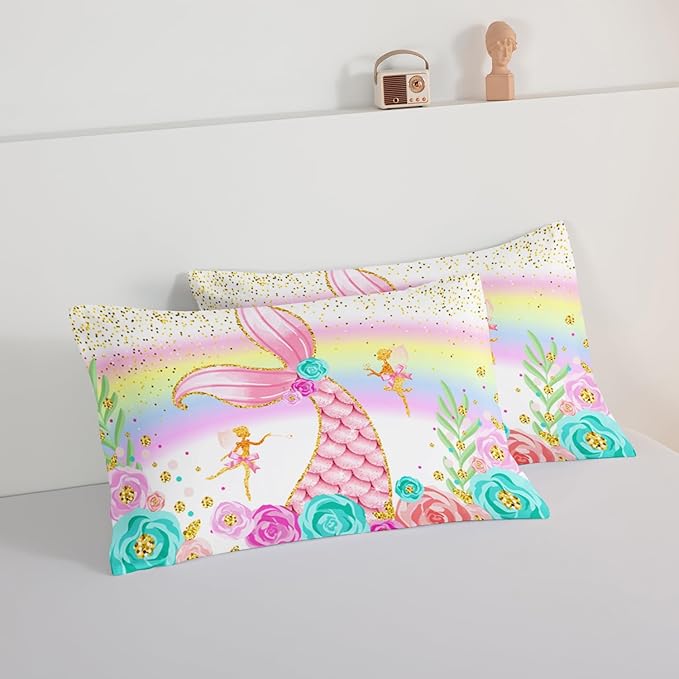 HOSIMA Mermaid Comforter with 2 Pillowcases,Girly Rainbow Bedding Set Glitter Pink Mermaid Tail Comforter Set,Flower Fairies Rose Gold Comforter Set,Floral Queen Comforter Set.