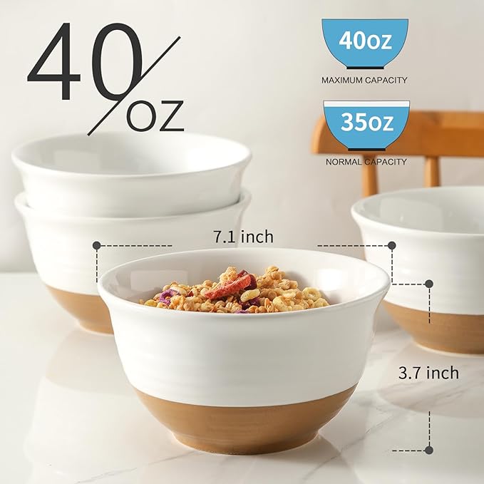Hasense Soup Bowls, 7 Inch Large Cereal Bowls Set of 4, 40 OZ Ceramic Deep Salad Serving Bowls, Bowls Set for Pasta Pho Ramen Noodle Popcorn, Dishwasher Microwave Safe, White
