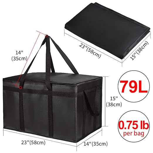 Insulated Food Delivery Bag, XXXL Grocery Cooler Bags, Black, 3-Pack | Insulated Reusable Tote Bag for Shopping/Travel, Catering for Hot/Cold Food Carrier, 23"x14"x15" Commercial Food/Pizza Warmer
