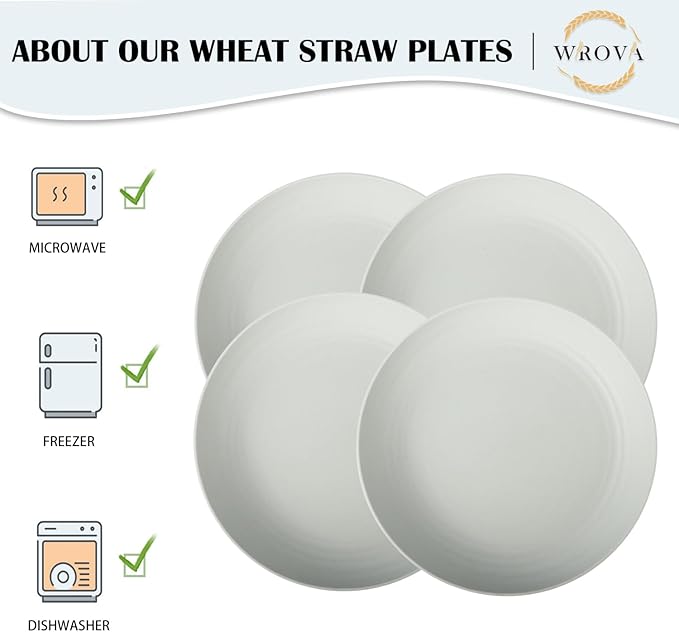 Wrova Wheat Straw Plates - 10 Inch Unbreakable Dinner Plates Set of 8 - Dishwasher & Microwave Safe Plastic Plates Reusable for Kitchen and Camping (Light Grey)