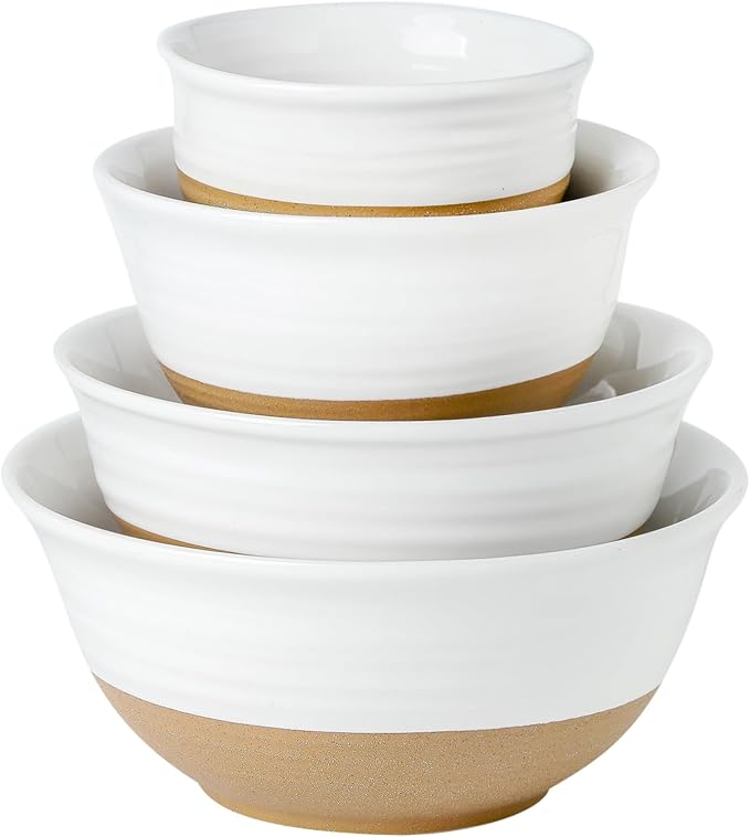 Mixing Bowls Set, Ceramic Serving Dishes Set of 4 for Cooking, Nesting, Prepping, Baking Bowls for Salads, Fruit, Cereal, Soup, 2.1/1.5/1.0/0.5 Qt, Dishwasher & Microwave Safe, White