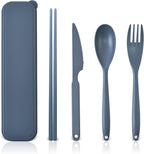 Large Reusable Travel Utensils Set with Case, Plastic Set for Adults Travel Picnic Camping, Portable Flatware Cutlery Set with Chopsticks for Daily Use(Dark Blue)