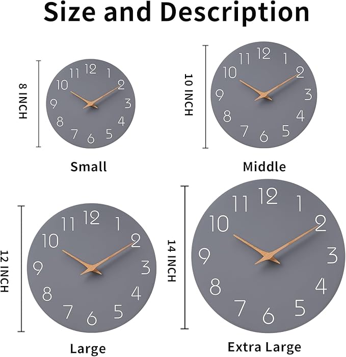 Mosewa Wall Clock 8 Inch Gray Battery Operated Silent Non Ticking Simple Modern Wood Clock Decorative for Bedroom Living Room Kitchen Home Bathroom Office