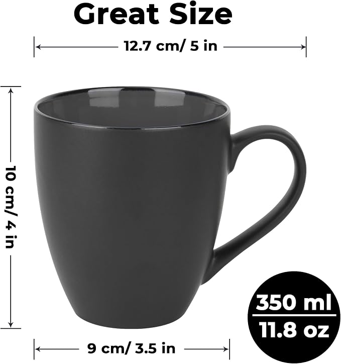 MIAMIO - Coffee Mugs Set of 6 (12 oz) - Le Papillon Collection (Black) | Modern ceramic coffee mugs for coffee, cappuccino and tea - microwave & dishwasher safe