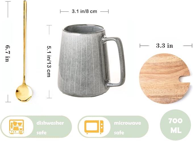 Large Ceramics Coffee Mugs,with Spoon and Wooden Lid,for Coffee,Tea,Cocoa,Large Handle Design,Microwave Dishwasher Safe (Gray Set)
