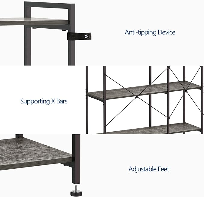 Bookshelf 5 Tier Deformable Corner Bookcase Free Standing Modern Industrial Book Storage Display Book Shelf for Bedroom Living Room Study Room Office (Dark Grey)
