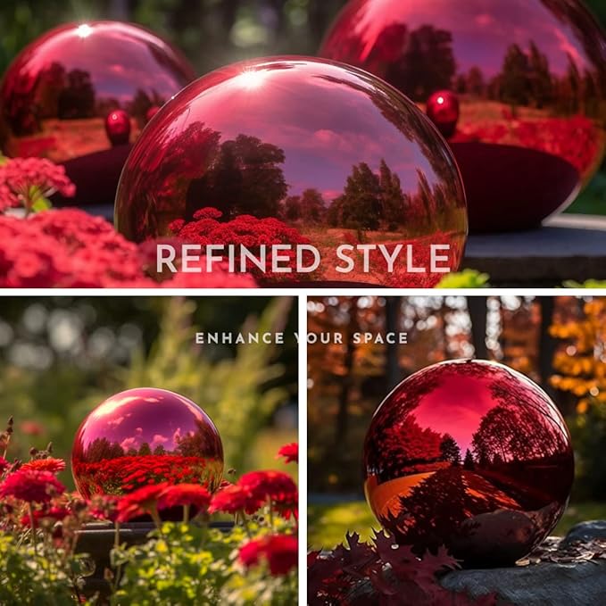 12 Inch Stainless Steel Gazing Globe,v2croft Hollow Ball Mirrored Surface Polished Shiny Sphere,Garden Stainless Steel Gazing Ball for Outdoor Lawn Pond Yard Ornament(red)