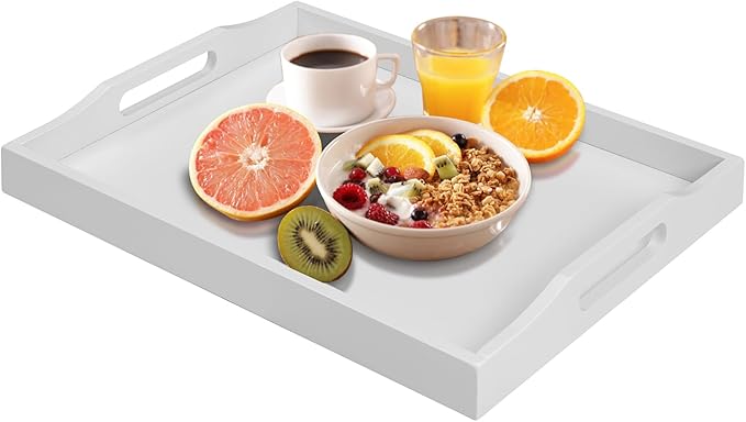 Bamboo Food Serving Tray with Handles, Breakfast Bed Tray for Tea,Snack,Dinner, Home Decorative Storage Food, Platter, Ottoman for Kitchen Counter, Bathroom, Restaurant (White)