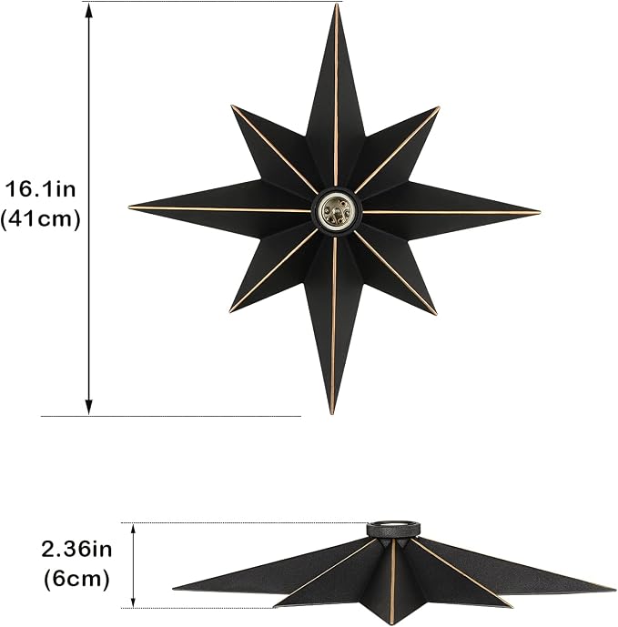 16 inch Flush Mount Ceiling Light, Industrial Black Metal Star Ceiling Lights, Vintage Entryway Light Fixtures, Farmhouse Star Lighting for Hallway, Porch, Study, Bedroom, Stair, Kitchen, Bathroom