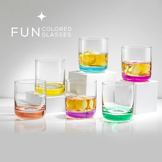 JoyJolt Hue Colorful Whiskey Set of 6, 10oz Drink Glasses, Double Old Fashioned Glass, Modern Whiskey Glass Set for Bar, Low Ball Cocktail Tumbler Glasses