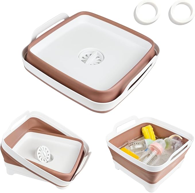 Collapsible Wash Basin for Baby Bottles - 2.4 Gallons Portable Wash Bin for RV Camping Sink, Space-Saving Dish Tub (Mocha)