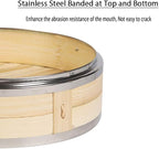 2-Tier Kitchen Bamboo Steamer with Stainless Steel Rings for Asian Cooking | Sauce Dish & 2-Chopsticks | Buns Dumplings Vegetables Fish Rice