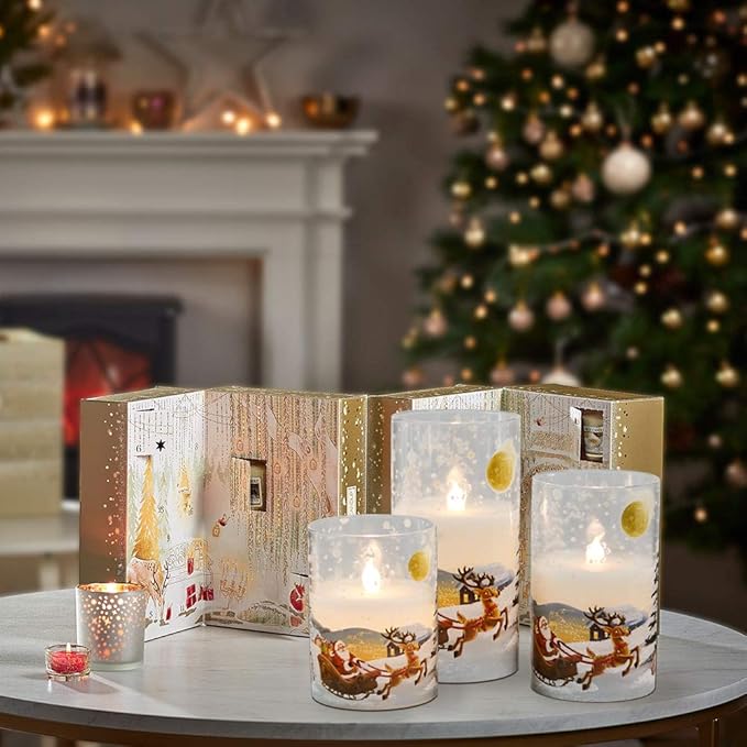 DRomance Santa Claus Glass Flameless Candles Battery Operated Remote and Timer Real Wax LED Flickering Pillar Candles White Cold Light Window Christmas Holiday Decor D3 x H4, 5", 6"