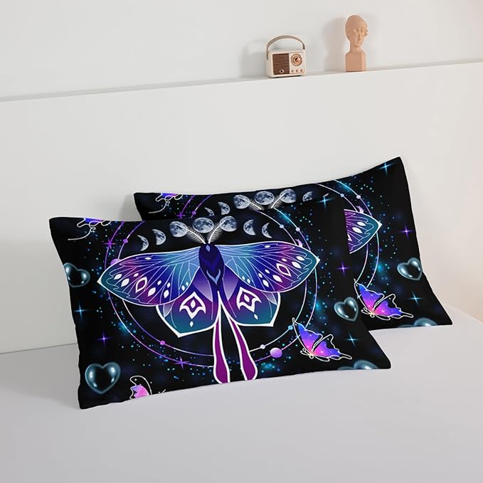 HOSIMA Butterfly Comforter Set with 2 Pillowcases,Moon Starry Sky Galaxy Comforter Butterfly Room Decor Aesthetics,Blue Heart -Shaped Bubble Twin Bed in A Bag Sets for Adults Kids Black Comforter.