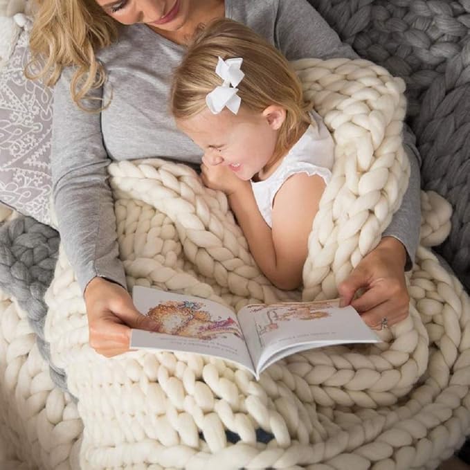 Chunky Knit Blanket Hand Made Merino Wool Throw Boho Bedroom Sofa Home Decor Giant Yarn(Ivory White 40"x47")