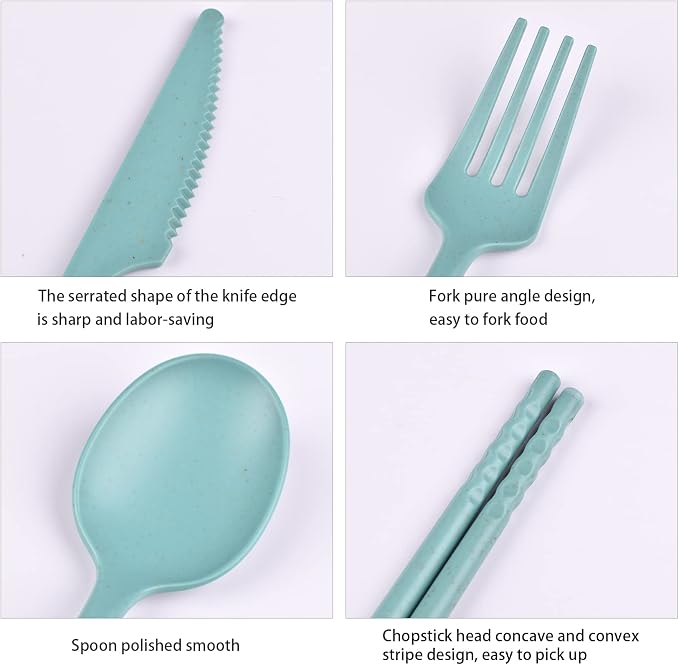 Camping Utensil Set, Reusable Utensils Set with Case, Plastic Cutlery Set Forks Spoon Tableware Chopsticks, Portable Cutlery Set for Travel Picnic Camping or Daily Use (Dark Green)