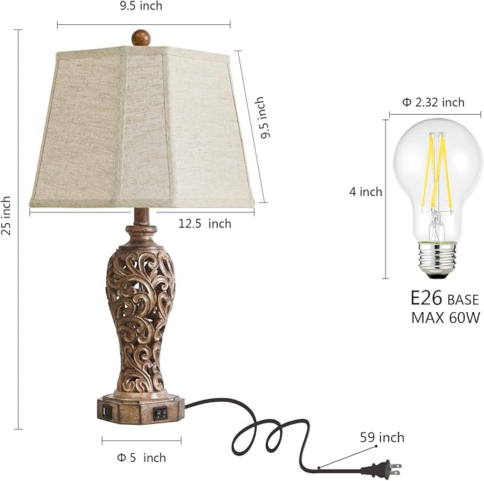Set of 2 Rustic Table Lamps for Living Room Bedroom, 2 USB Ports 25'' Vintage Farmhouse Desk Lamp with Nightlight, Brown Hollow Out Resin Lamp for End Table (Bulbs Included)
