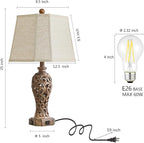 Set of 2 Rustic Table Lamps for Living Room Bedroom, 2 USB Ports 25'' Vintage Farmhouse Desk Lamp with Nightlight, Brown Hollow Out Resin Lamp for End Table (Bulbs Included)
